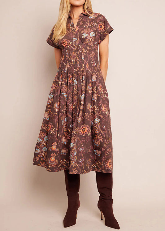 Robe mi-longue marron à fleurs vintage