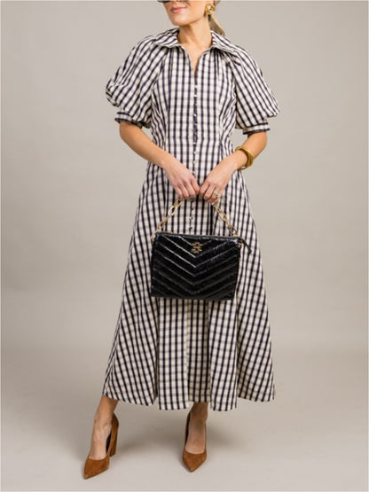 Gingham Check Button Midi Dress