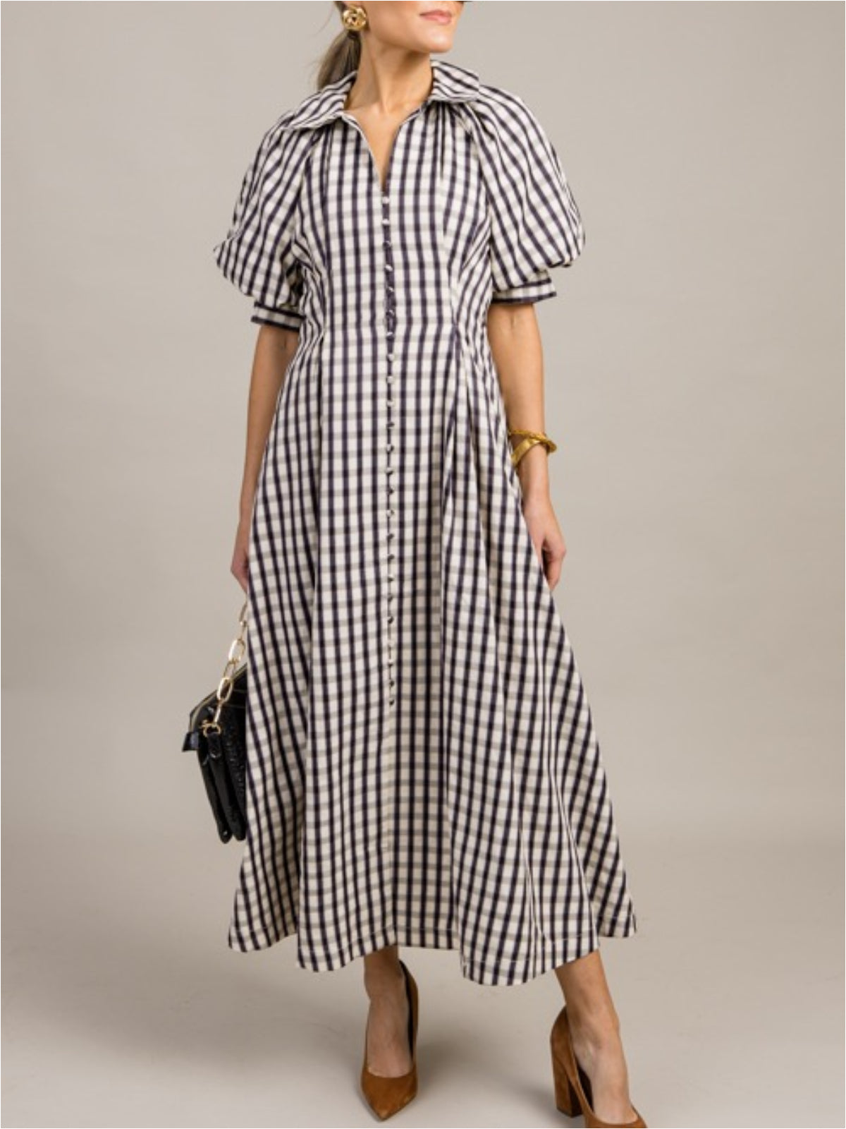 Gingham Check Button Midi Dress