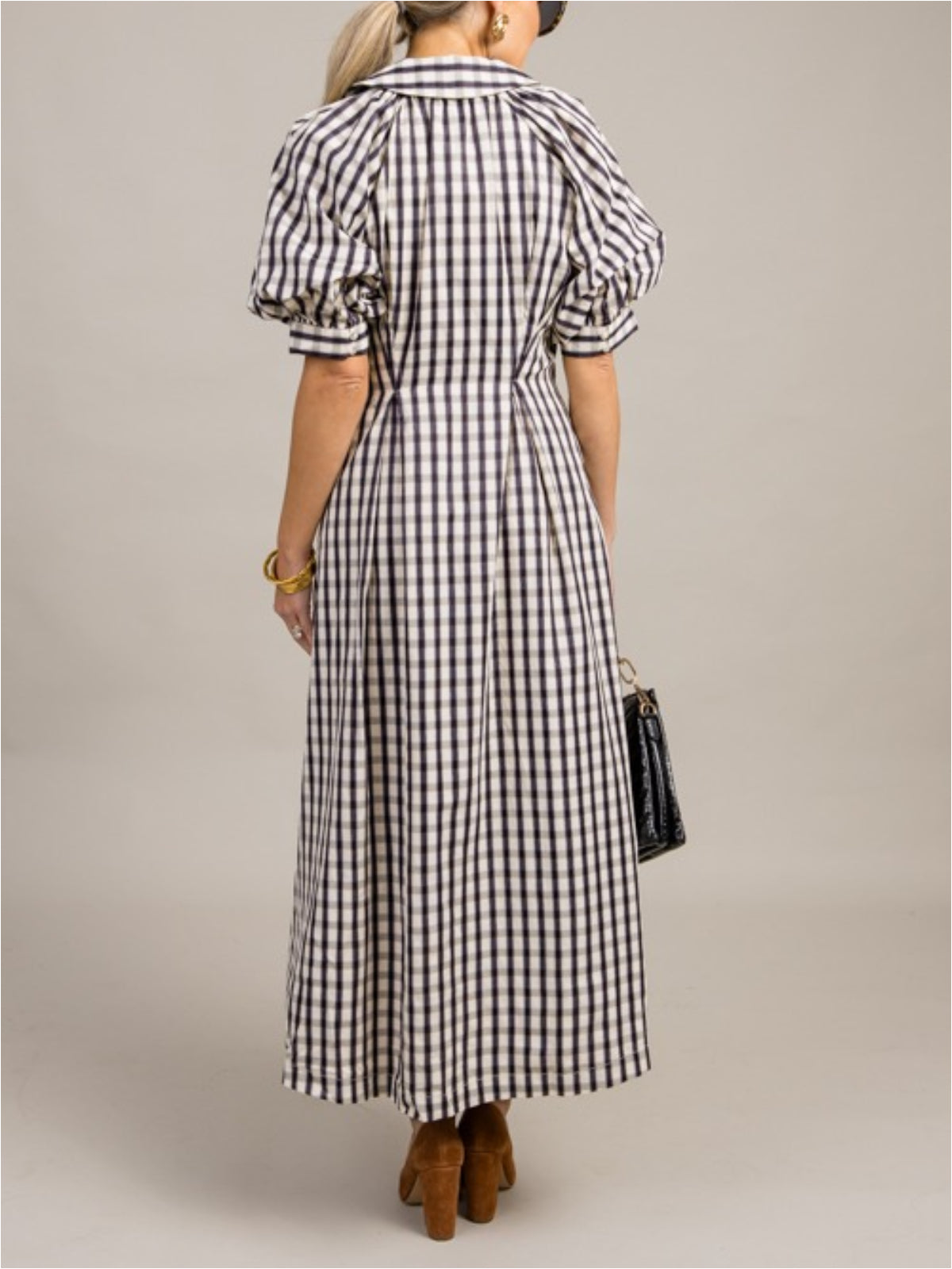 Gingham Check Button Midi Dress