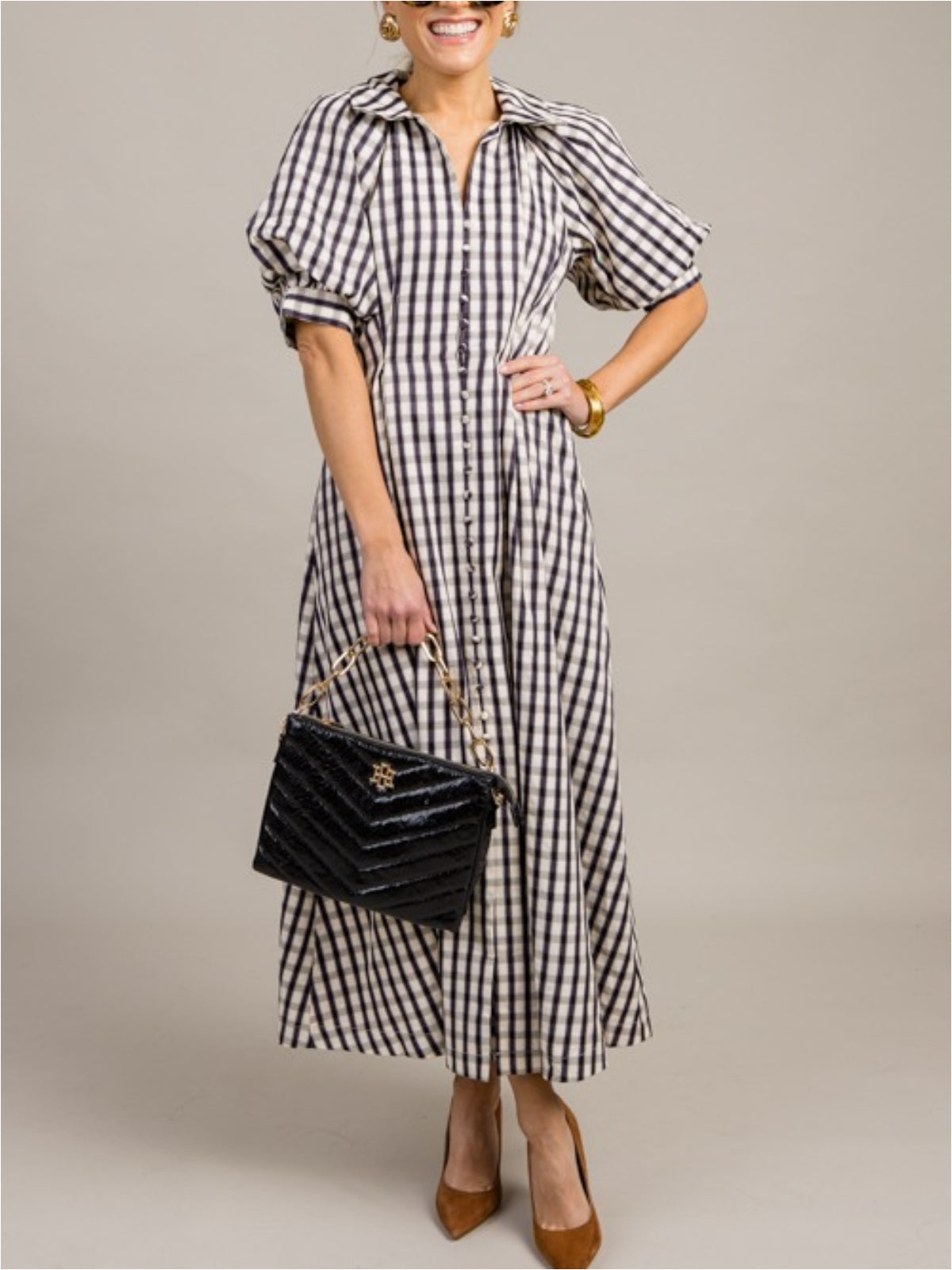 Gingham Check Button Midi Dress