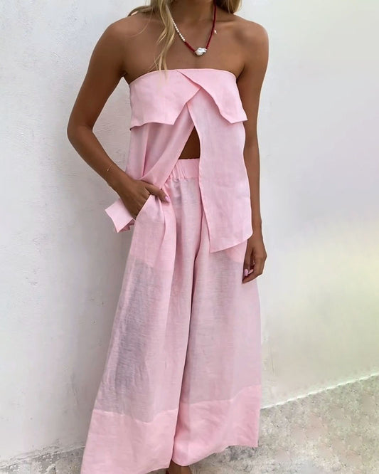 Solid Color Strapless Tube Top Slit Two-piece Suit