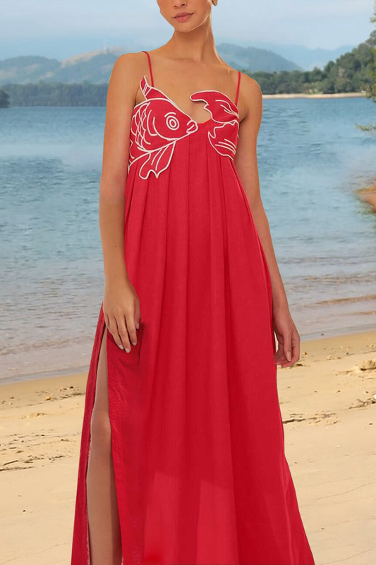 Red Fish Shaped Top Slit Maxi Dress