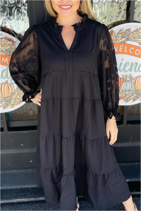 Black Midi Dress with Sheer Floral Sleeves