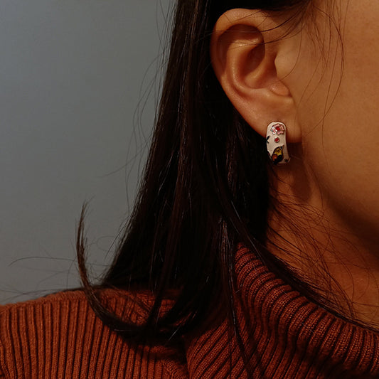 Enamel Flower and Bird Earrings