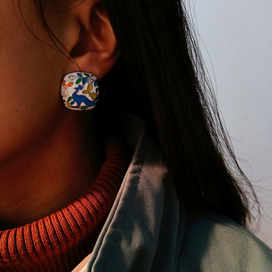 Enamel Flower and Bird Earrings Multicolored Enamel Square Earrings